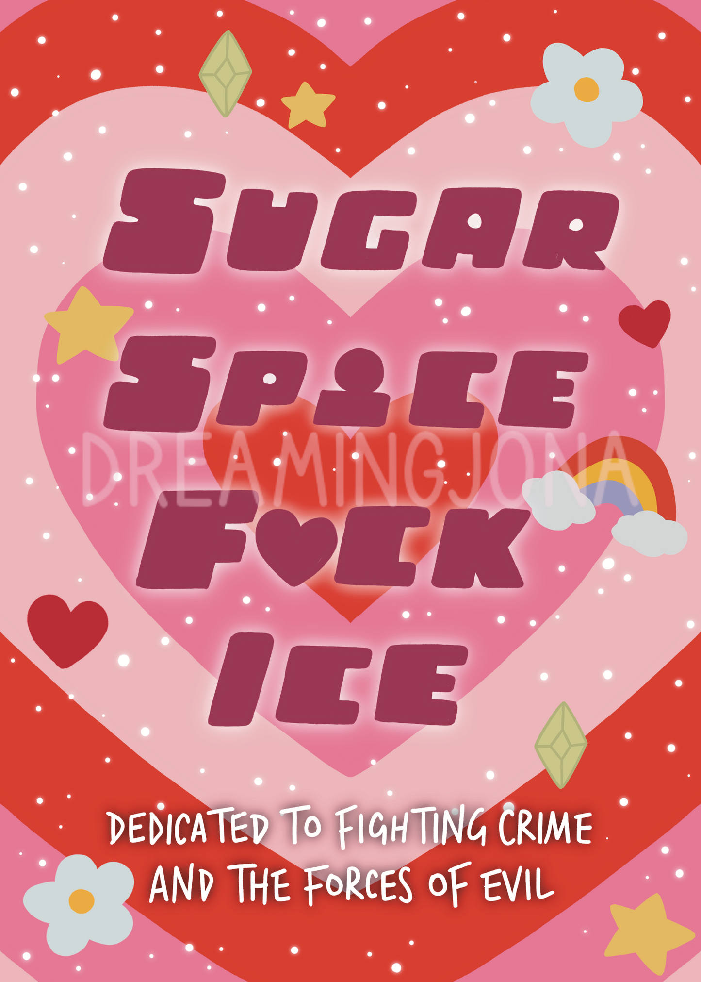 Heart-shaped design with text 'SUGAR SPACE FCK ICE' and decorative elements on a pink and red background.