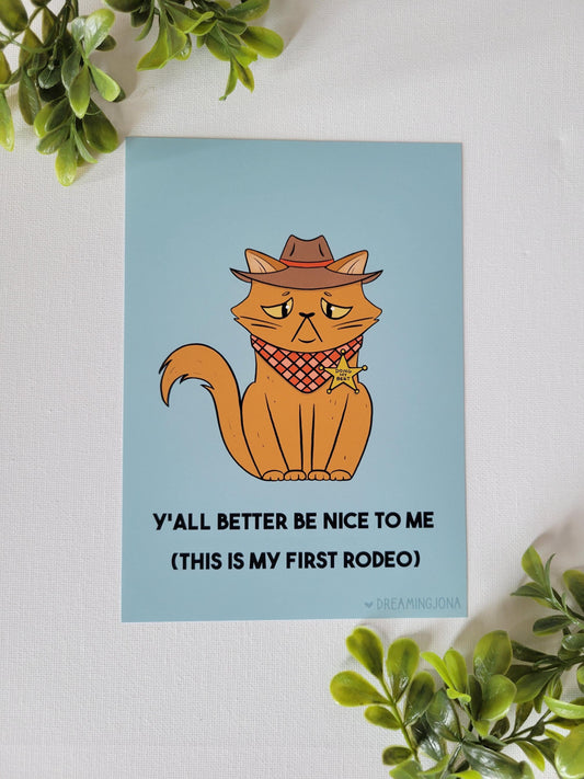 Cartoon cat in a cowboy hat with text on a blue background, surrounded by green plants.