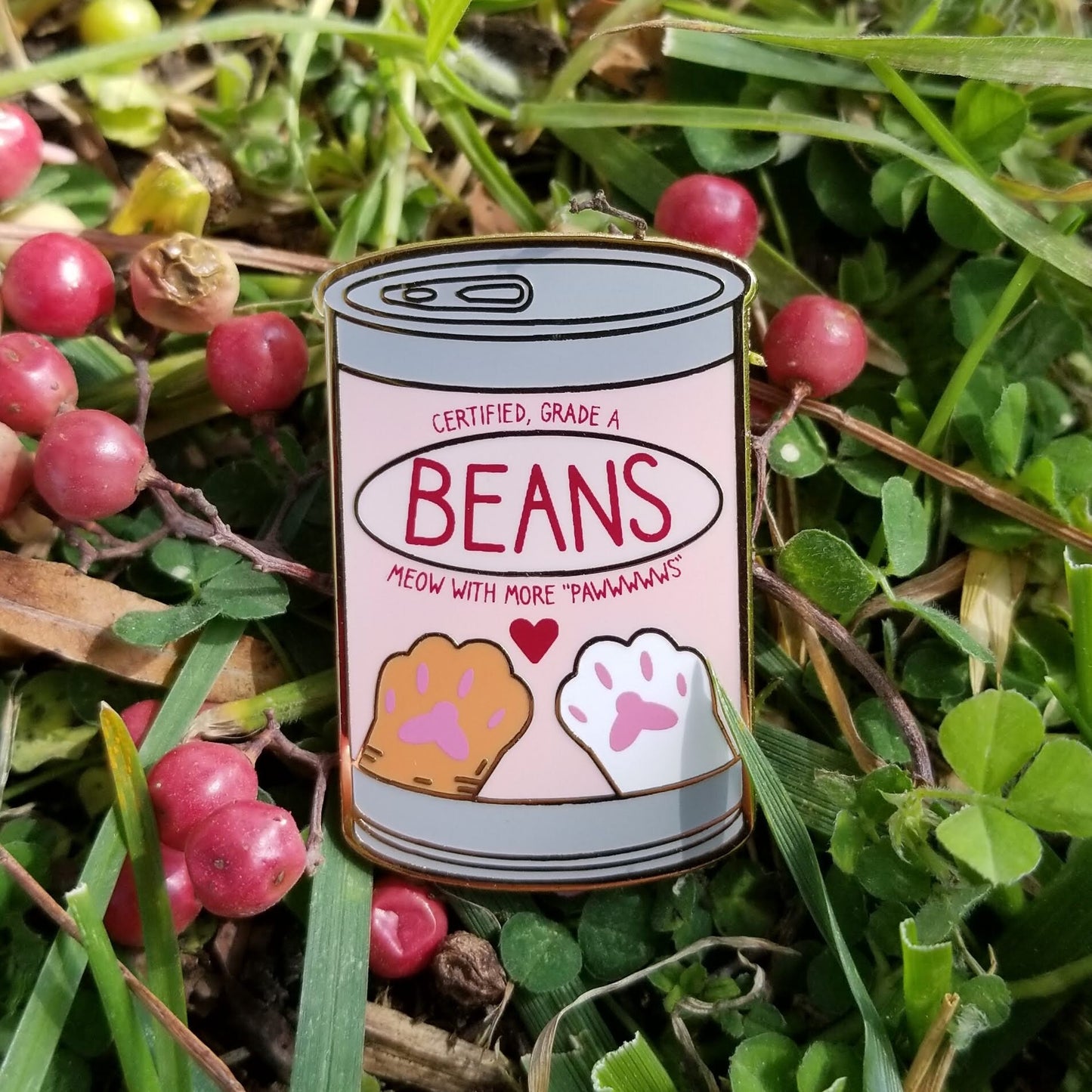 Enamel pin of a can labeled 'Beans' with paw prints on grass