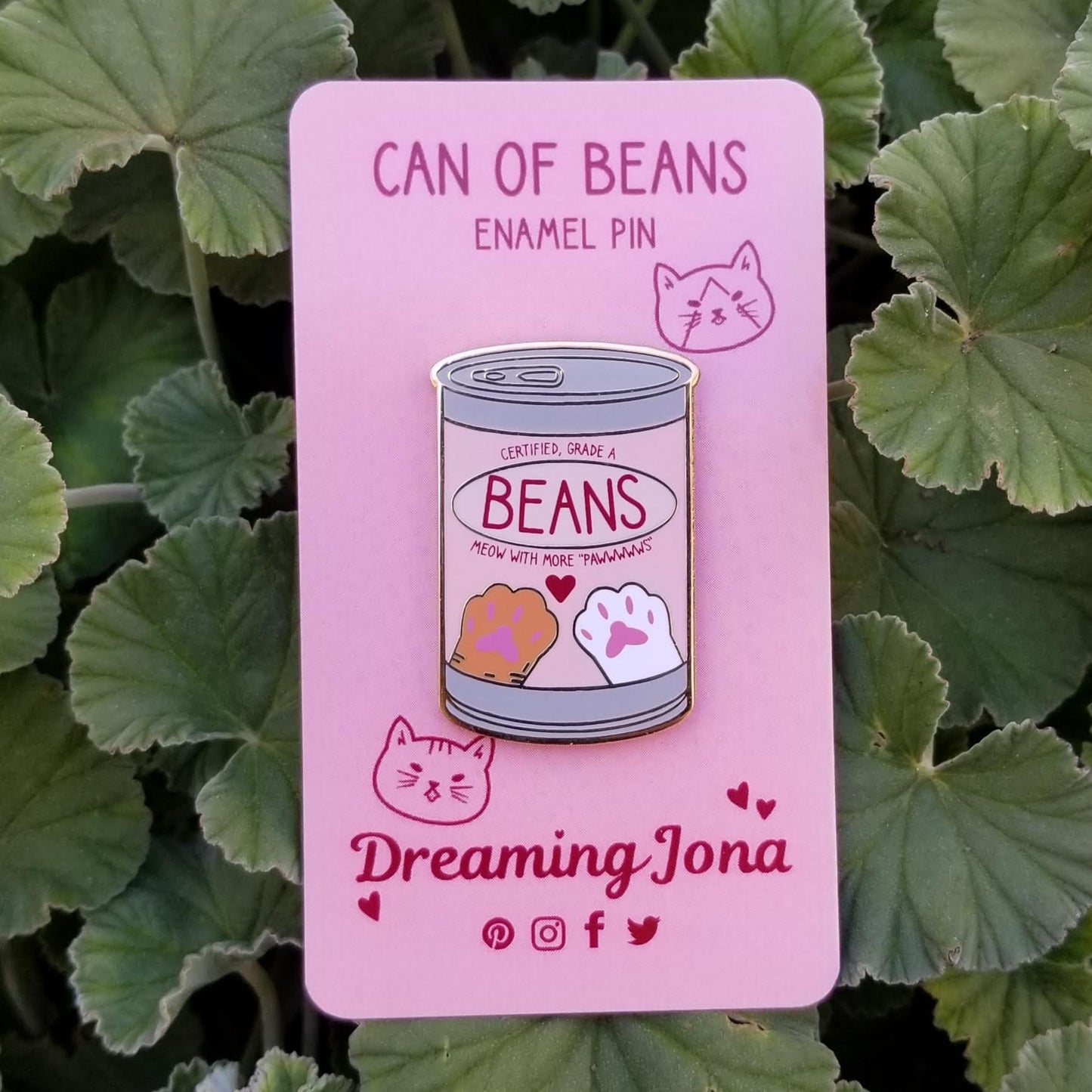 Enamel pin of a can of beans with 'Dreaming Jona' branding on a pink card against a green leafy background.