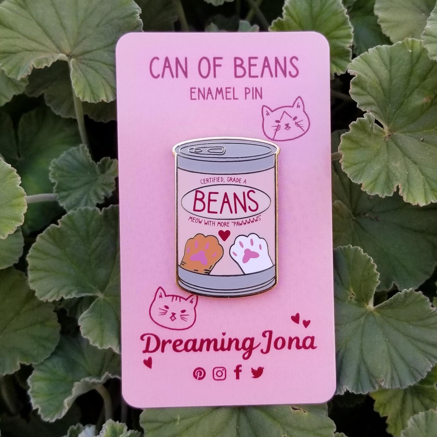Enamel pin of a can of beans with 'Dreaming Jona' branding on a pink card against a green leafy background.
