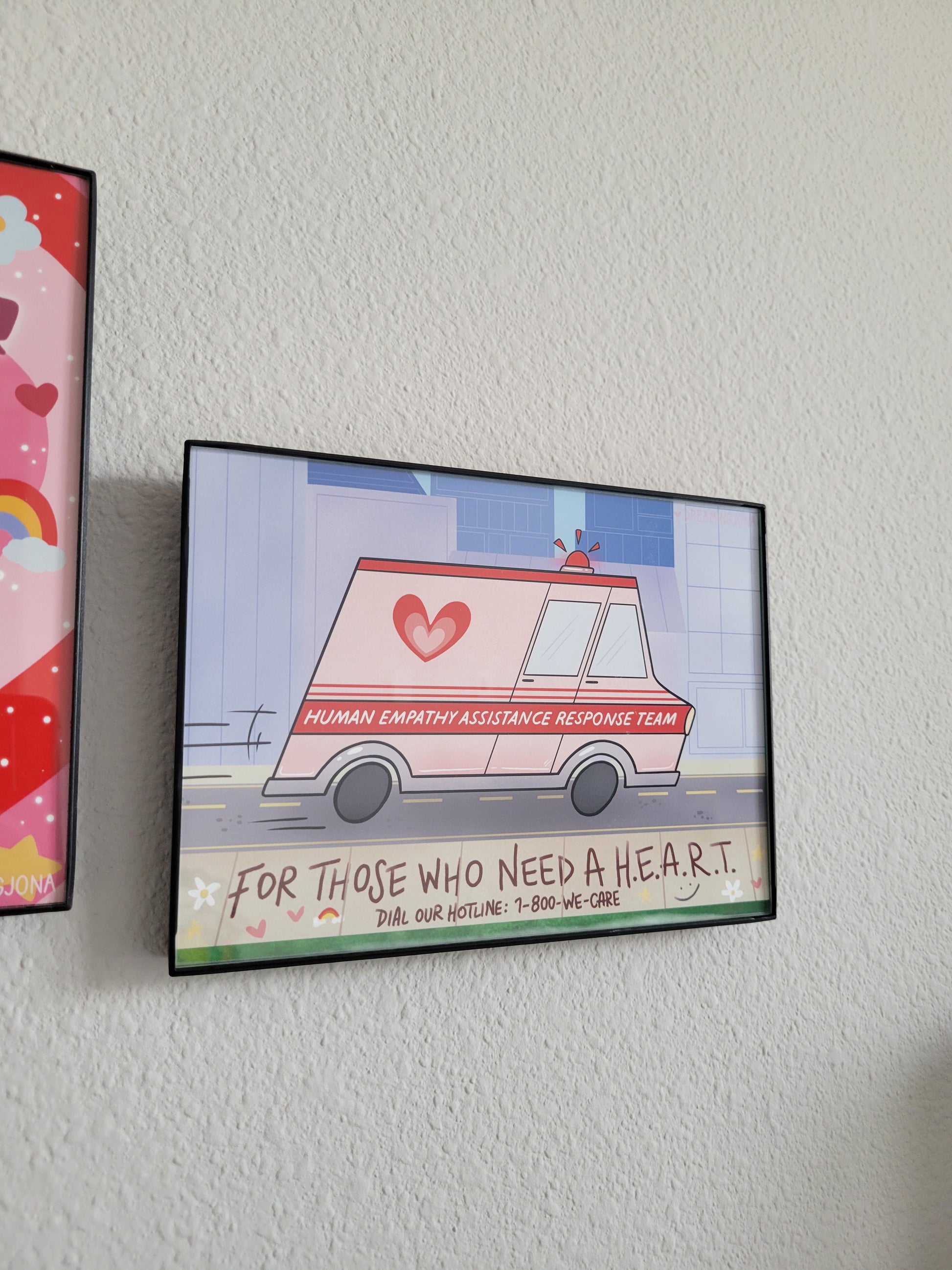 Illustration of a pink ambulance with text on a textured white background