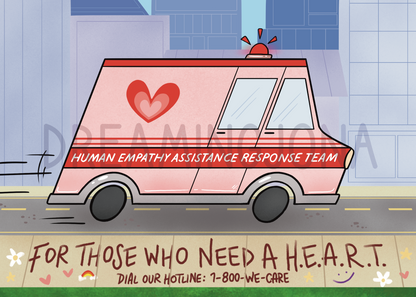 Cartoon-style ambulance with a heart symbol and text on a city street background.
