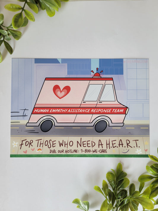 Poster of a cartoon ambulance with text on a white background