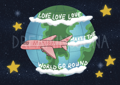 Cartoon airplane flying over a globe with 'Love Love Love' text, surrounded by stars.