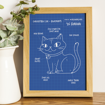 Convertible Car Blueprints | Cat Art Print 5 x 7