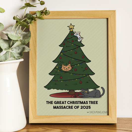 Framed artwork of a Christmas tree with cats and text 'The Great Christmas Tree Massacre of 2025' on a light green background.