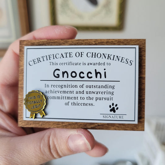 Certificate of Chonkiness held by a hand with a wooden frame