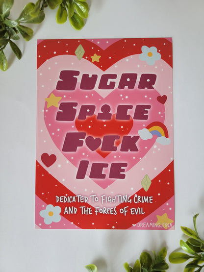 Book titled 'Sugar Spice F*ck Ice' on a white background with green leaves.