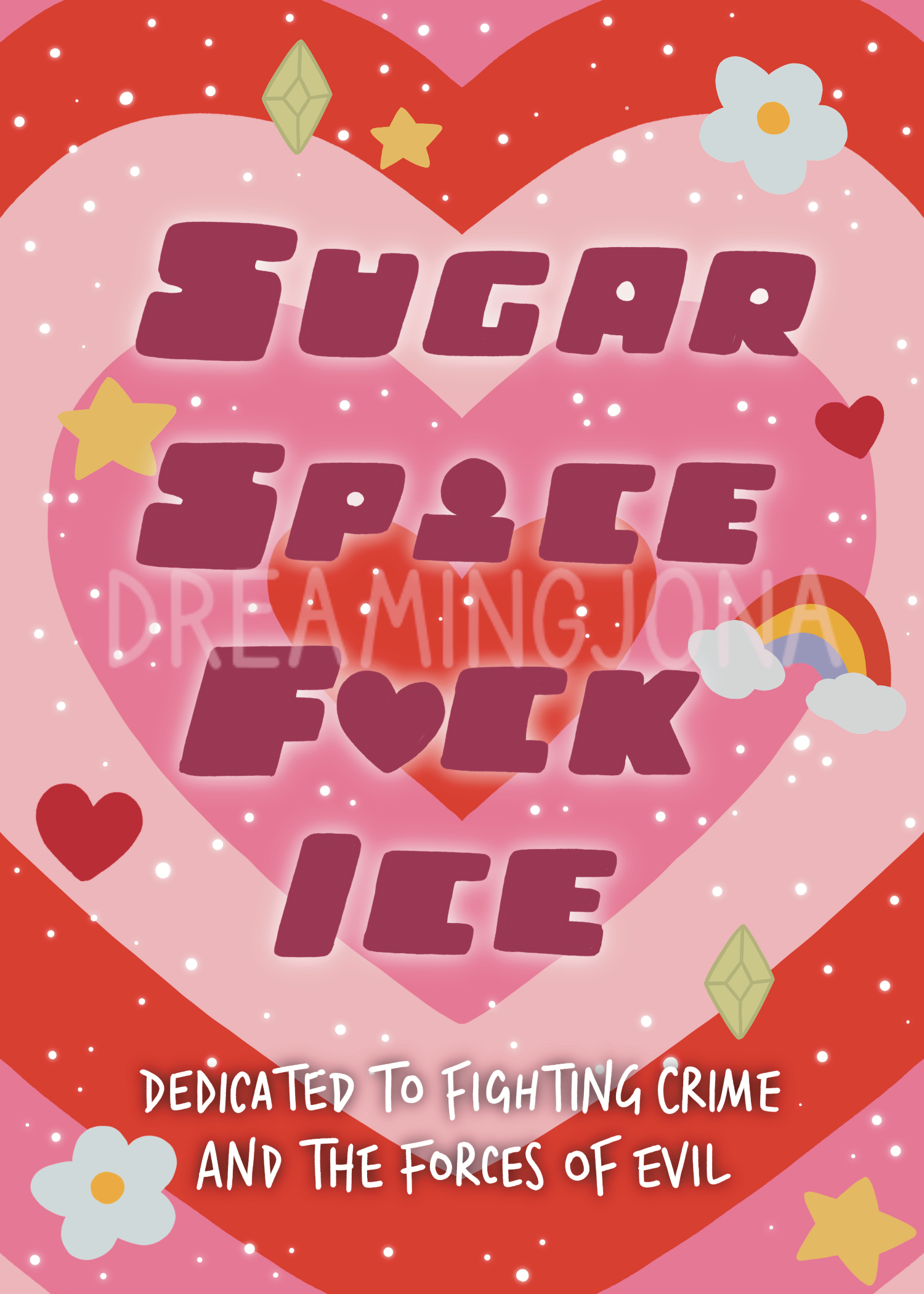 Heart-shaped design with text 'SUGAR SPACE FCK ICE' and decorative elements on a pink and red background.