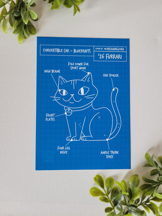 Blueprints of a cat design on a white background with green leaves.
