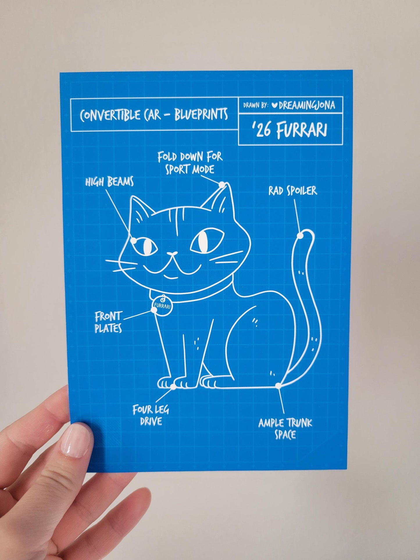 Blue card with a cat illustration and text on a beige background