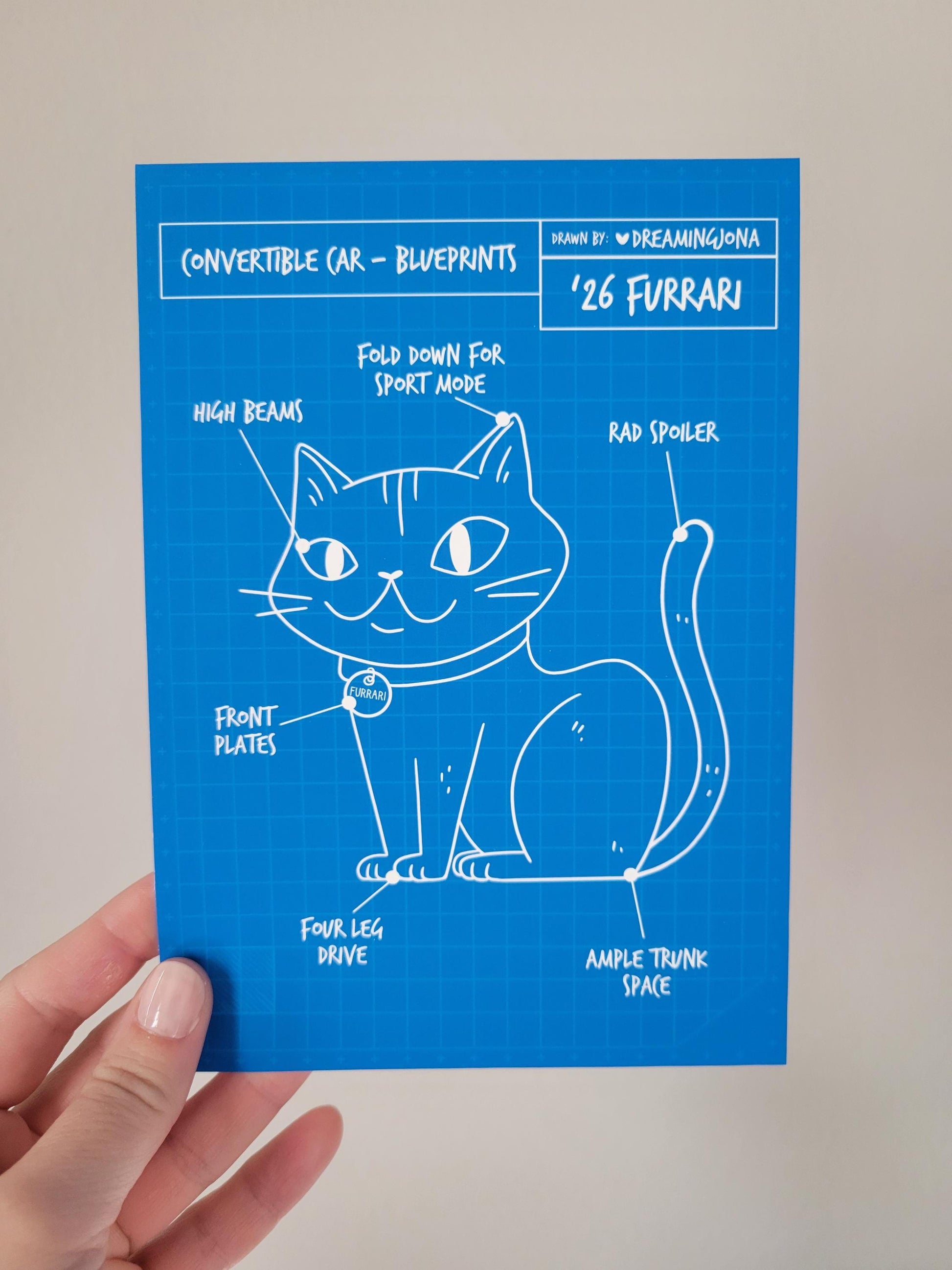 Blue card with a cat illustration and text on a beige background