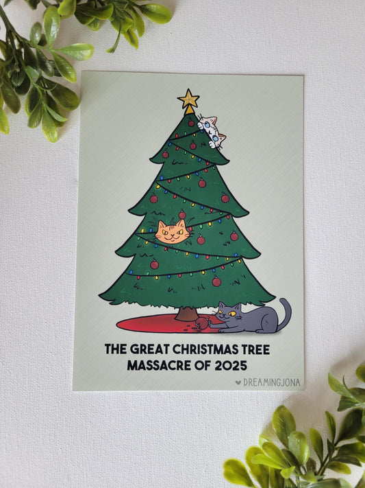 Illustration of a Christmas tree with cats on a light green background, surrounded by green leaves.