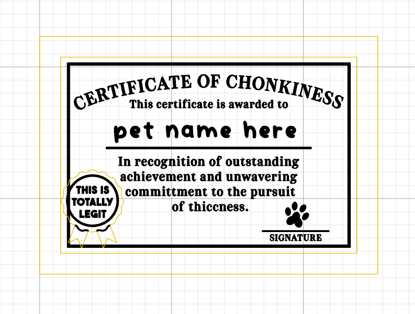 Certificate of Chonkiness with customizable pet name on a grid background