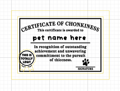 Certificate of Chonkiness with customizable pet name on a grid background
