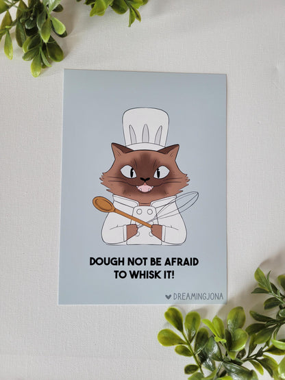Siamese cartoon cat chef holding a wooden spoon with text on a light blue background, surrounded by green plants.
