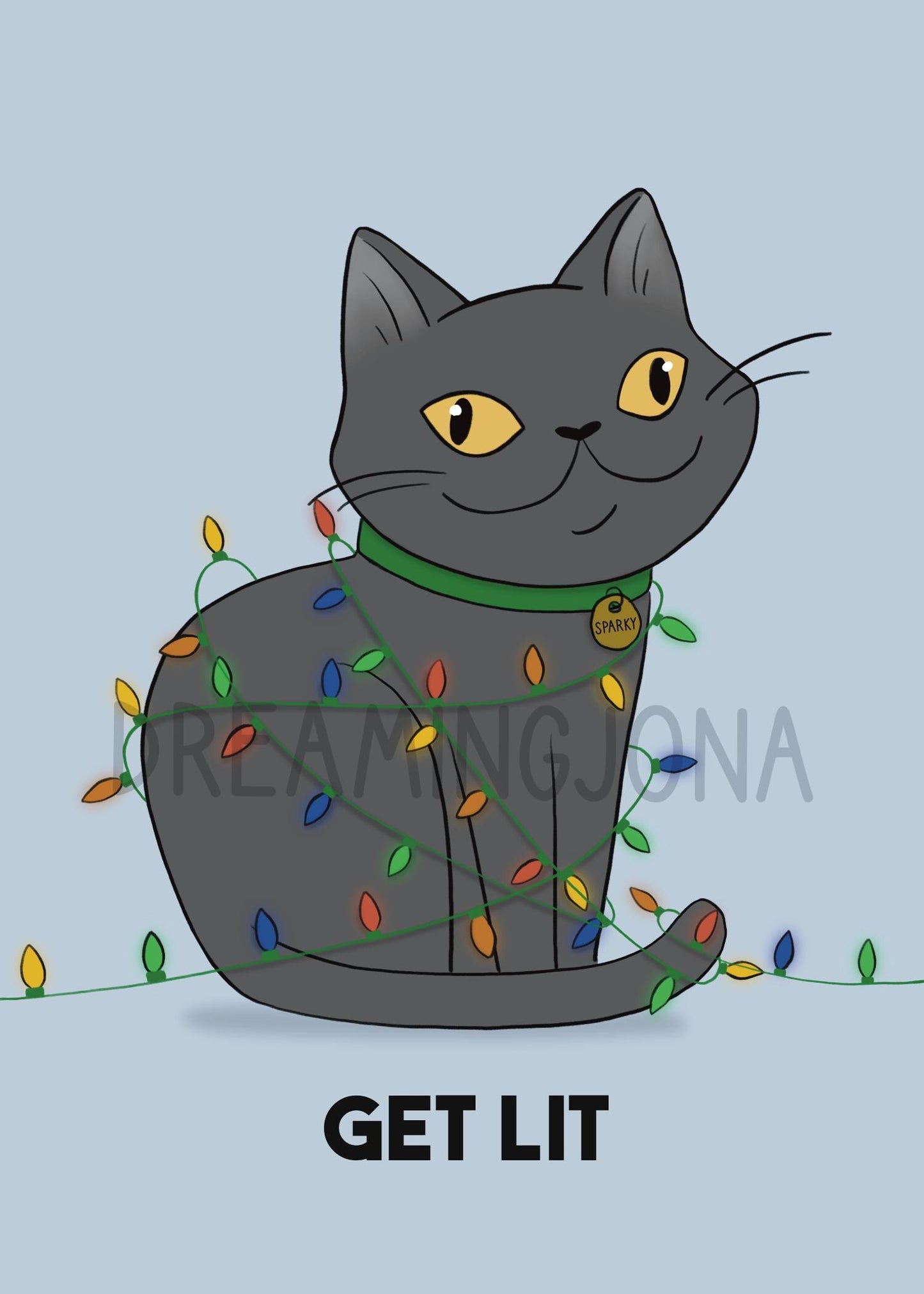 Cat wrapped in Christmas lights with 'GET LIT' text on a light blue background