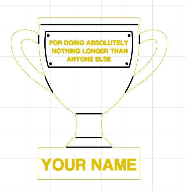 Trophy with humorous text on a grid background