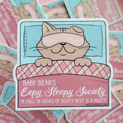 Baby Bear's Eepy Sleepy Society Decal | Cute Cat in Bed Sticker