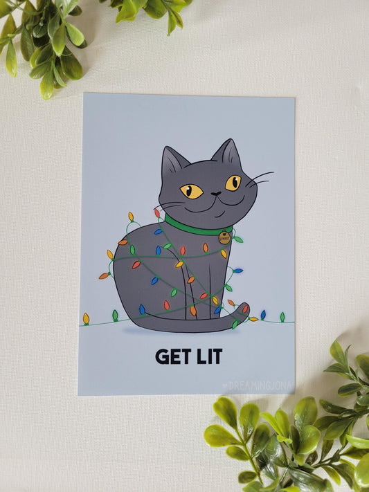 Get Lit | Funny Holiday Cat Art Print 5 x 7
