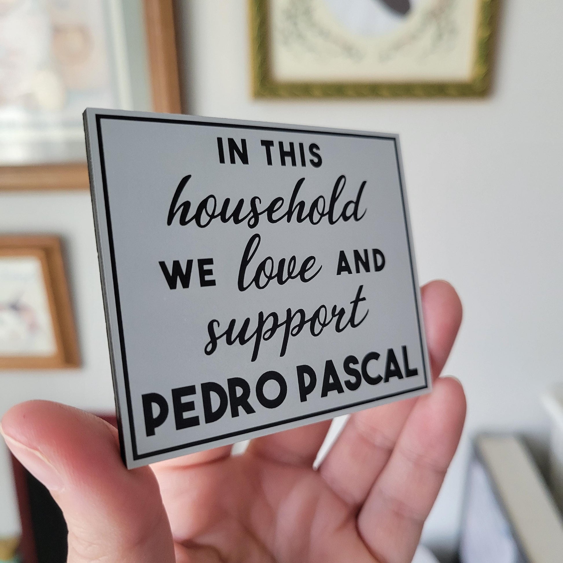 Hand holding a sign with text 'In this household we love and support Pedro Pascal' against a blurred indoor background.