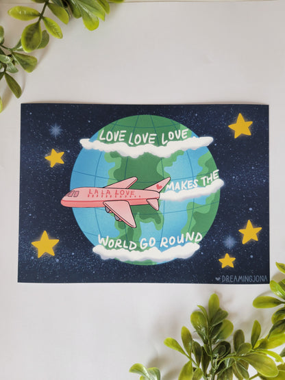 Card with airplane and world map design on a white background with green leaves.