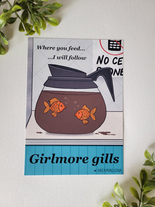 Print with a fishbowl and goldfish illustration, text, and brand name on a light background.