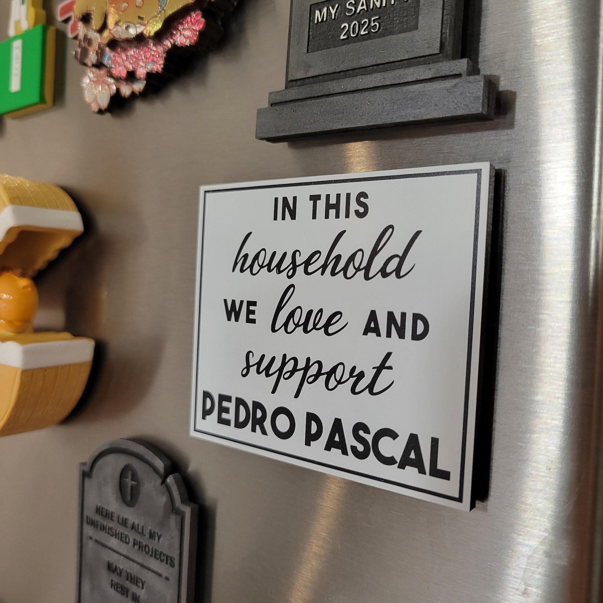Fridge magnet with text 'In this household we love and support Pedro Pascal' on a metallic surface.