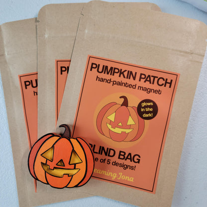 Pumpkin patch hand-painted magnet blind bag packaging with a jack-o'-lantern design.