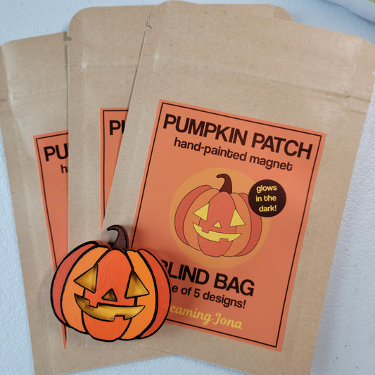 Pumpkin patch hand-painted magnet blind bag packaging with a jack-o'-lantern design.