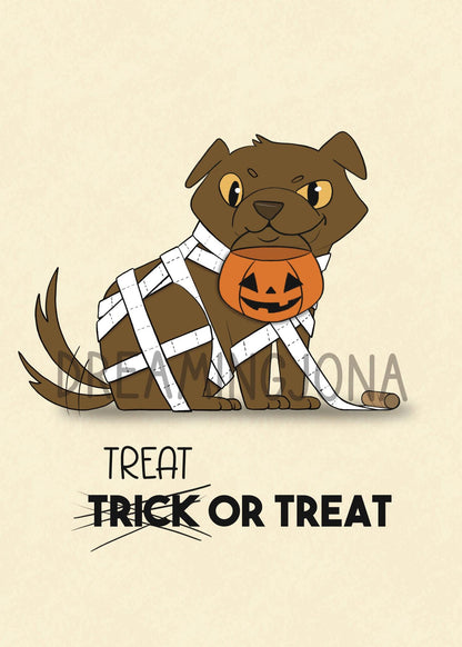 Cartoon dog in a costume with a pumpkin, text 'Treat Trick or Treat' on a beige background