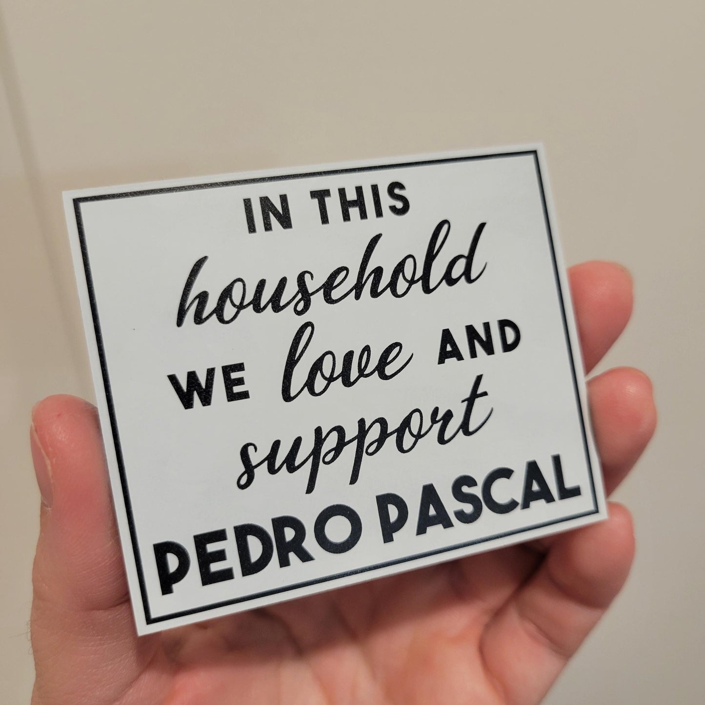 Hand holding a sign with text 'In this household we love and support Pedro Pascal'